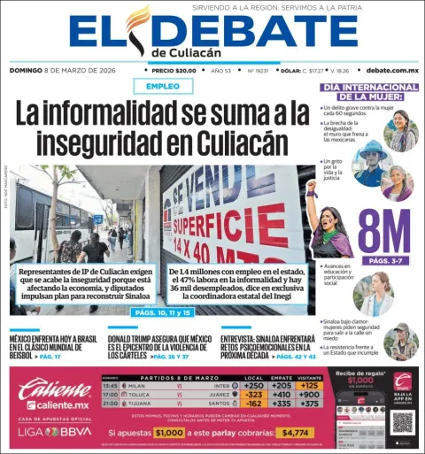 Portada de El Debate de Culiacan del domingo, 8 de marzo de 2026
