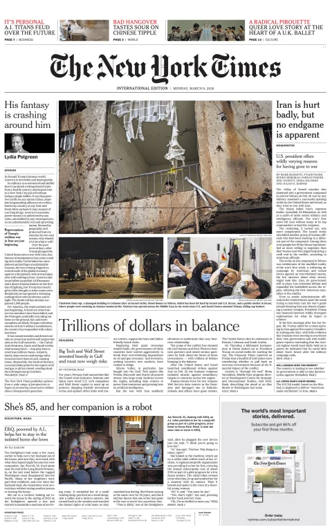 Portada de The New York Times (international) del lunes, 9 de marzo de 2026