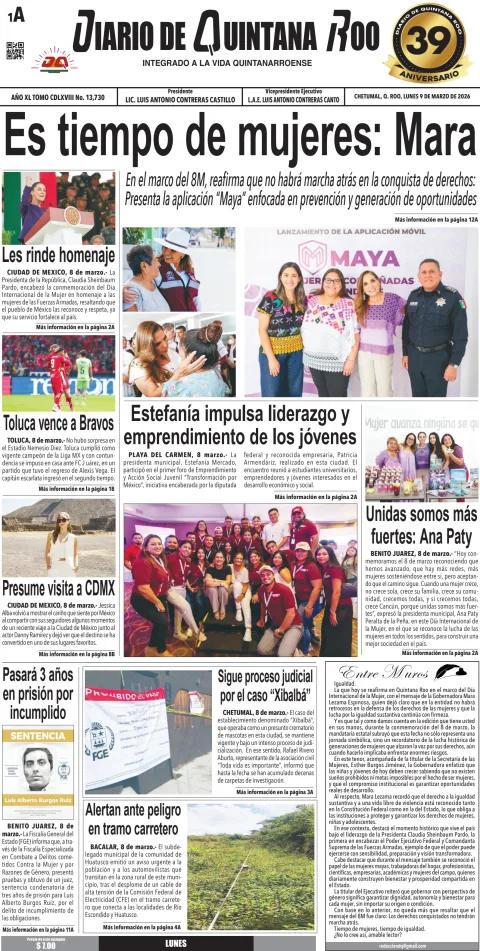 Portada de Diario de Quintana Roo (portada) del lunes, 9 de marzo de 2026