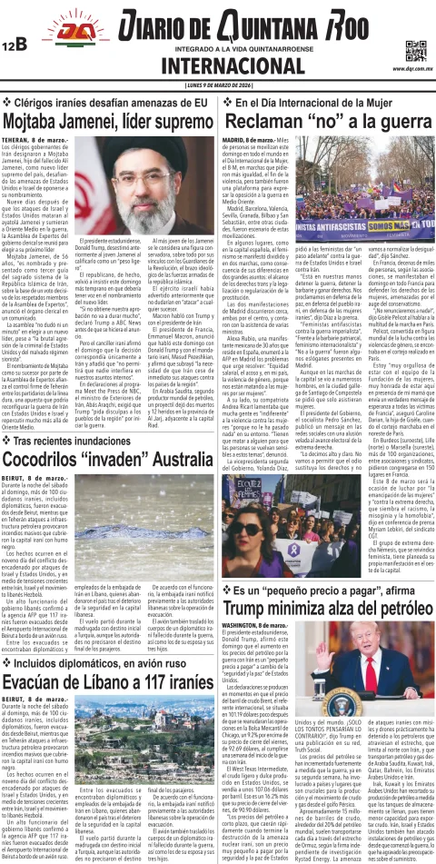 Portada de Diario de Quintana Roo (contra Portada) del lunes, 9 de marzo de 2026
