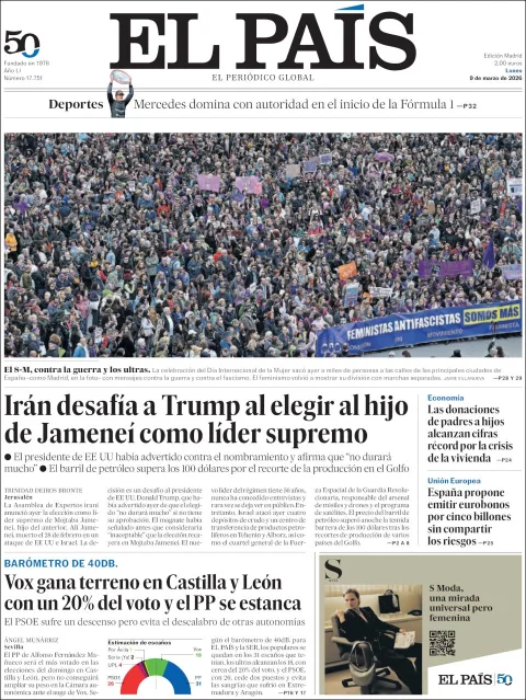 Portada de El Pais del lunes, 9 de marzo de 2026