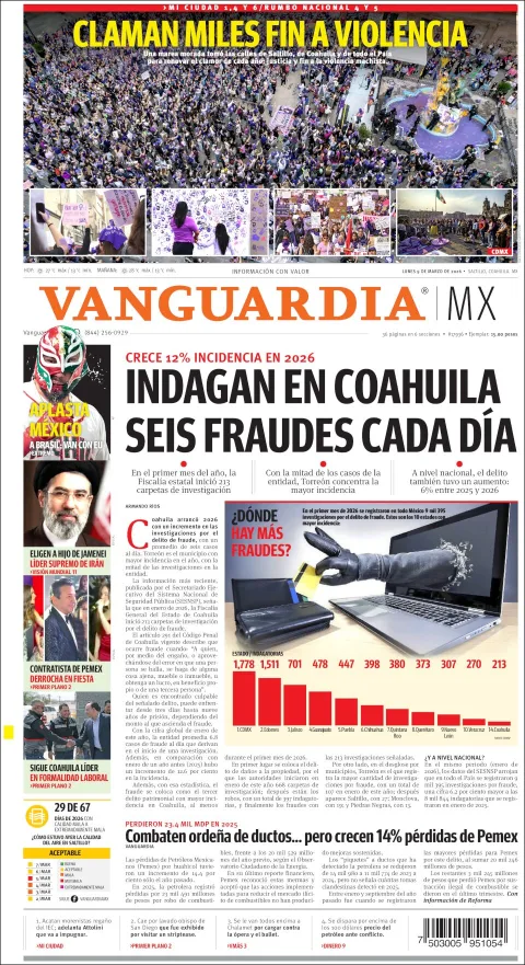 Portada de Vanguardia del lunes, 9 de marzo de 2026