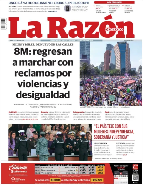 Portada de La Razon del lunes, 9 de marzo de 2026
