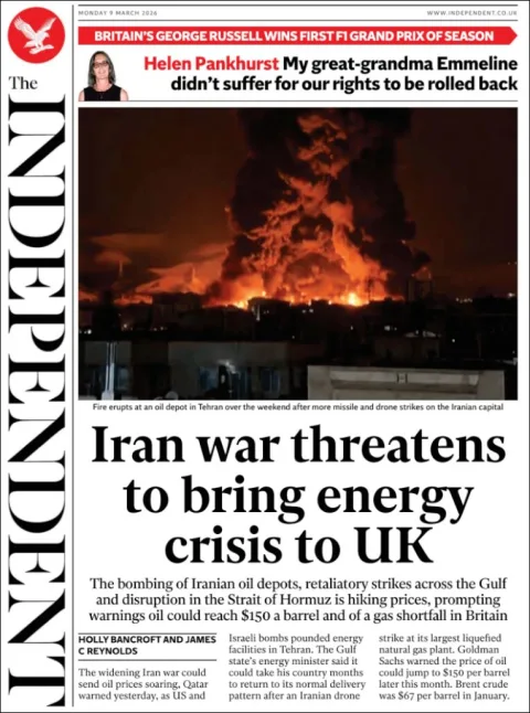Portada de The Independent del lunes, 9 de marzo de 2026