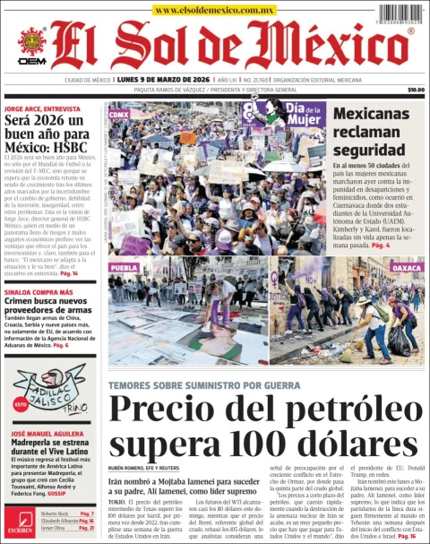 Portada de El Sol de Mexico del lunes, 9 de marzo de 2026