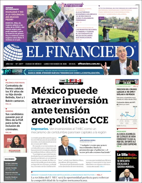 Portada de El Financiero del lunes, 9 de marzo de 2026