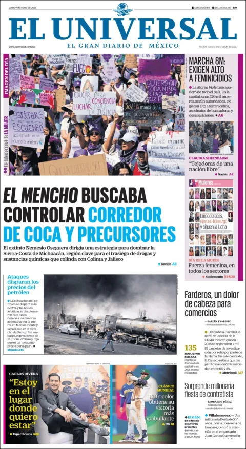 Portada de El Universal del lunes, 9 de marzo de 2026