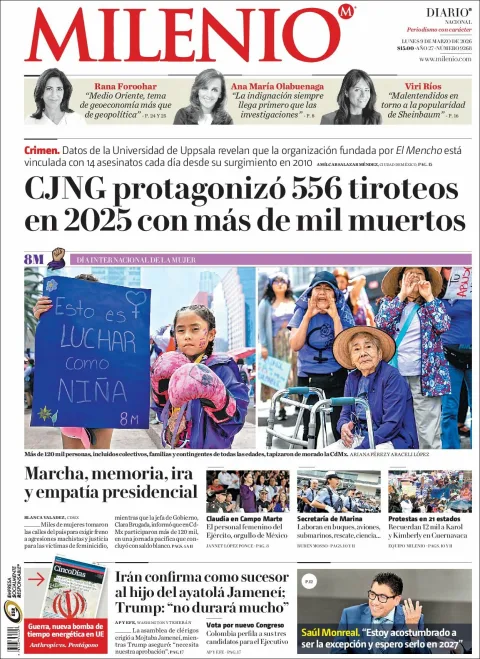 Portada de Milenio del lunes, 9 de marzo de 2026