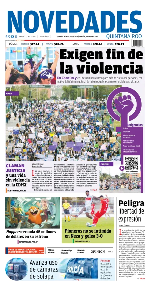 Portada de Novedades Quintana Roo del lunes, 9 de marzo de 2026