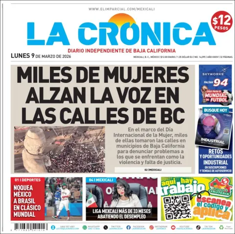 Portada de La Cronica del lunes, 9 de marzo de 2026