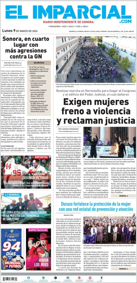 Portada de El Imparcial del lunes, 9 de marzo de 2026