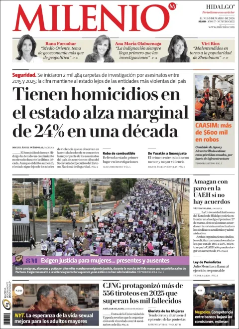 Portada de Milenio Hidalgo del lunes, 9 de marzo de 2026