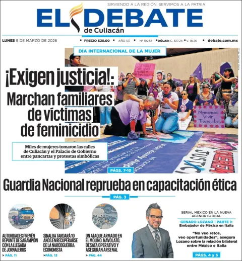 Portada de El Debate de Culiacan del lunes, 9 de marzo de 2026