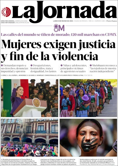 Portada de La Jornada del lunes, 9 de marzo de 2026