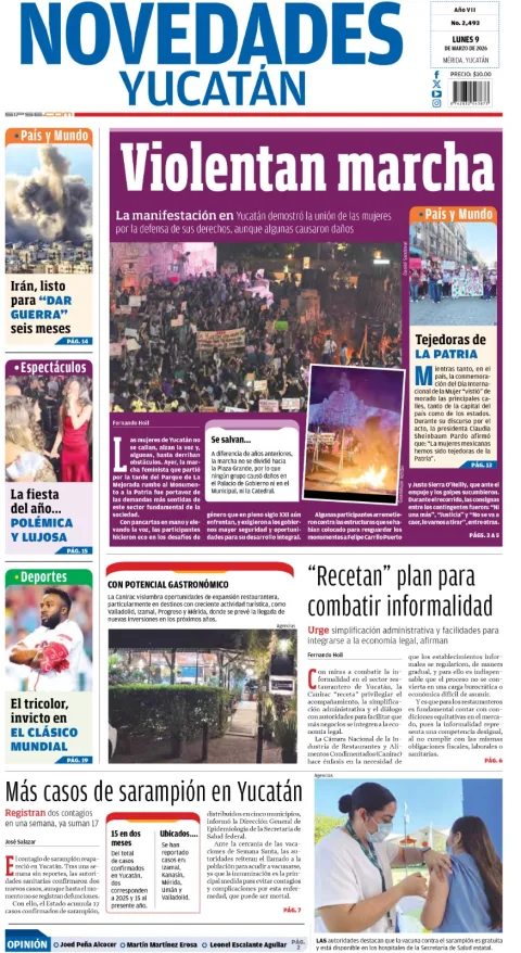 Portada de Novedades Yucatan del lunes, 9 de marzo de 2026