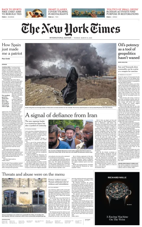 Portada de The New York Times (international) del martes, 10 de marzo de 2026