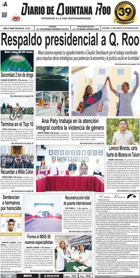 Portada de Diario de Quintana Roo (portada) del martes, 10 de marzo de 2026