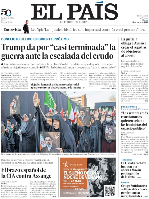 Portada de El Pais del martes, 10 de marzo de 2026