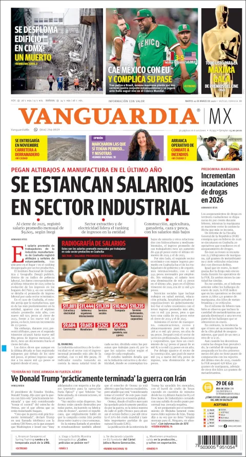 Portada de Vanguardia del martes, 10 de marzo de 2026