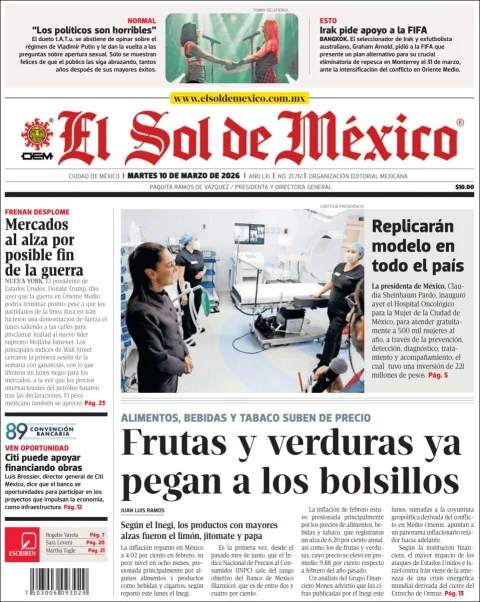 Portada de El Sol de Mexico del martes, 10 de marzo de 2026