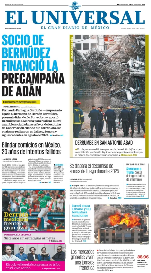Portada de El Universal del martes, 10 de marzo de 2026
