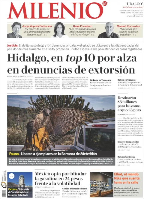 Portada de Milenio Hidalgo del martes, 10 de marzo de 2026