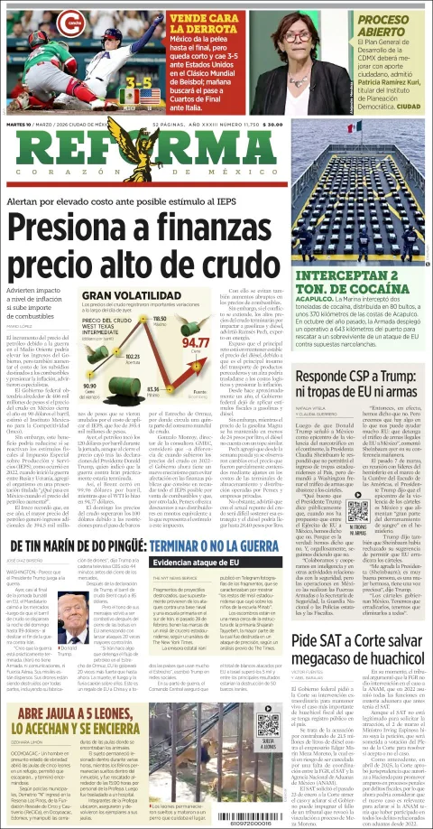 Portada de Reforma del martes, 10 de marzo de 2026