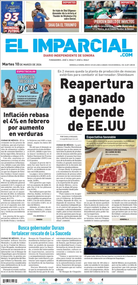Portada de El Imparcial del martes, 10 de marzo de 2026