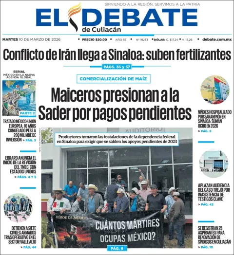 Portada de El Debate de Culiacan del martes, 10 de marzo de 2026