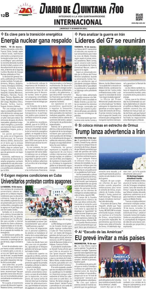Portada de Diario de Quintana Roo (contra Portada) del miércoles, 11 de marzo de 2026