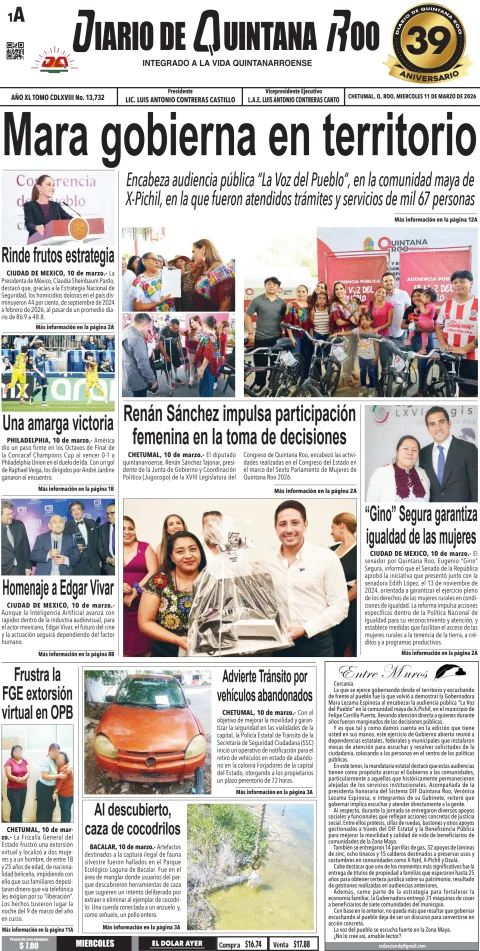 Portada de Diario de Quintana Roo (portada) del miércoles, 11 de marzo de 2026