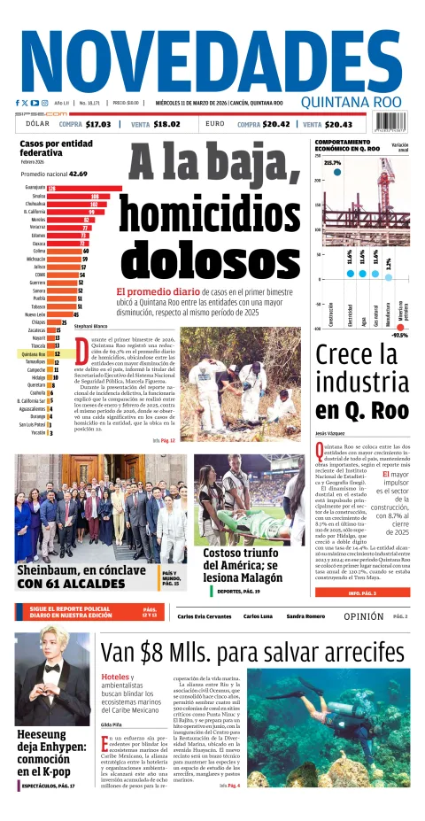 Portada de Novedades Quintana Roo del miércoles, 11 de marzo de 2026