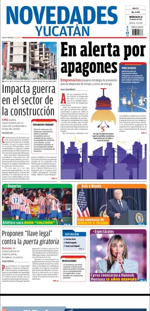 Portada de Novedades Yucatan del miércoles, 11 de marzo de 2026