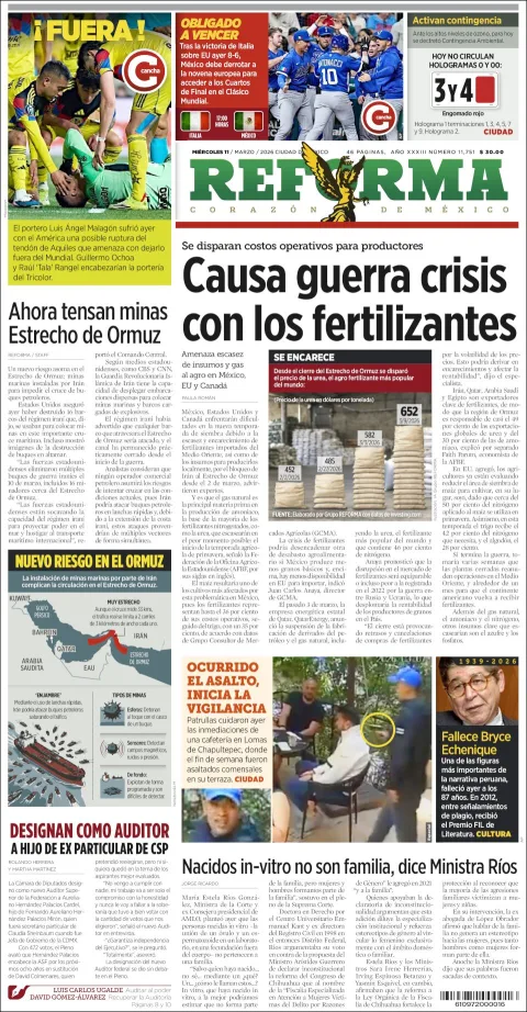 Portada de Reforma del miércoles, 11 de marzo de 2026