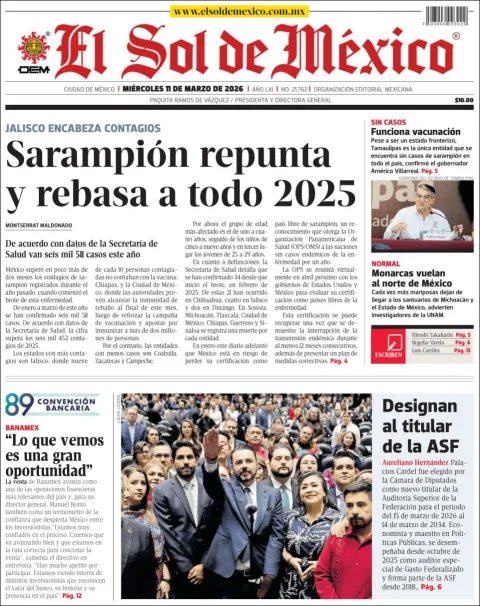 Portada de El Sol de Mexico del miércoles, 11 de marzo de 2026