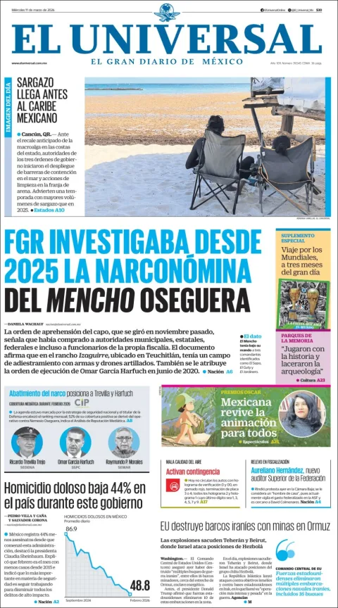 Portada de El Universal del miércoles, 11 de marzo de 2026