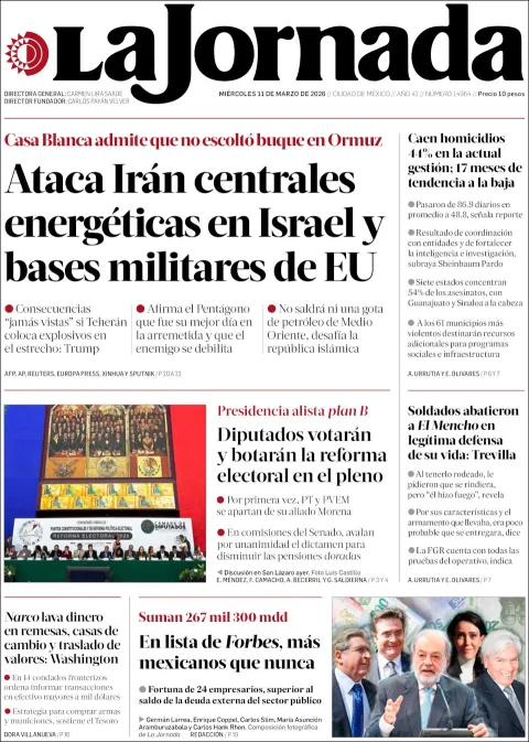 Portada de La Jornada del miércoles, 11 de marzo de 2026