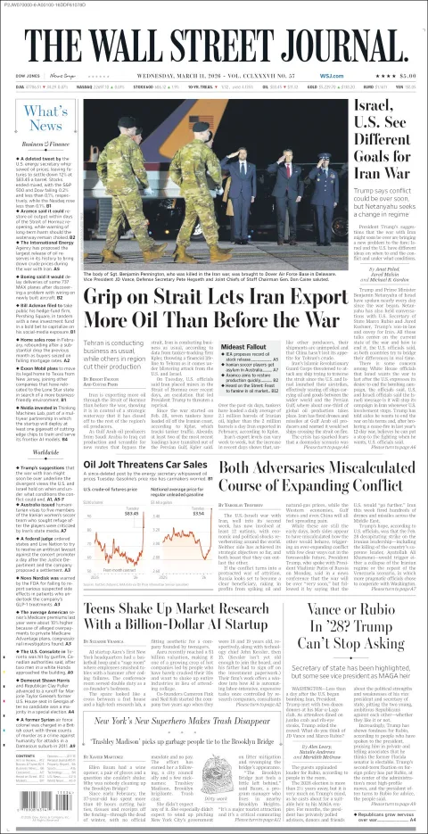 Portada de The Wall Street Journal del miércoles, 11 de marzo de 2026