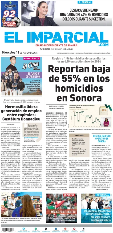 Portada de El Imparcial del miércoles, 11 de marzo de 2026