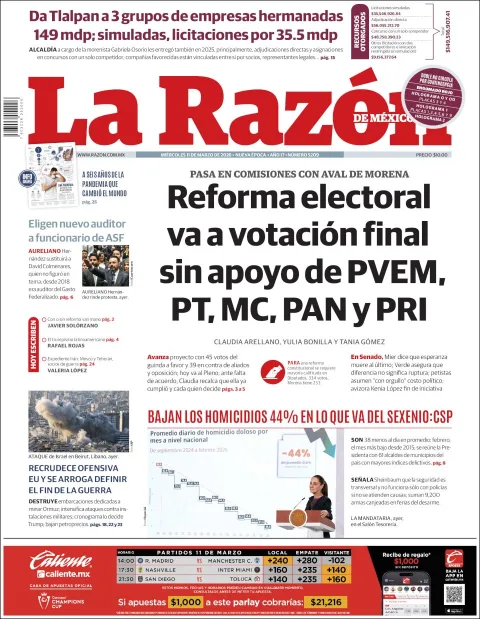 Portada de La Razon del miércoles, 11 de marzo de 2026