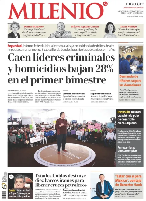 Portada de Milenio Hidalgo del miércoles, 11 de marzo de 2026