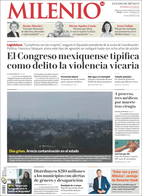 Portada de Milenio Edo de Mexico del miércoles, 11 de marzo de 2026