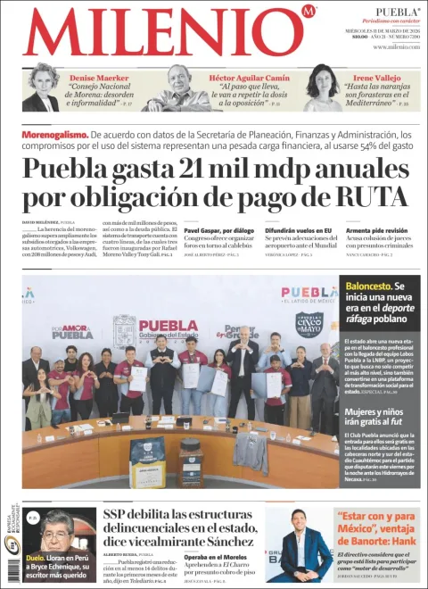 Portada de Milenio Puebla del miércoles, 11 de marzo de 2026
