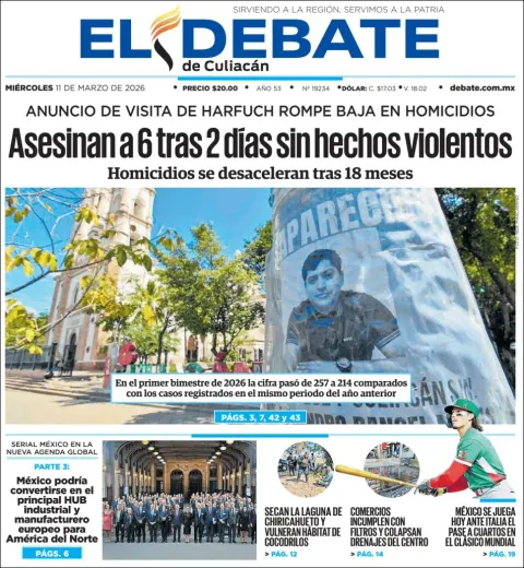 Portada de El Debate de Culiacan del miércoles, 11 de marzo de 2026