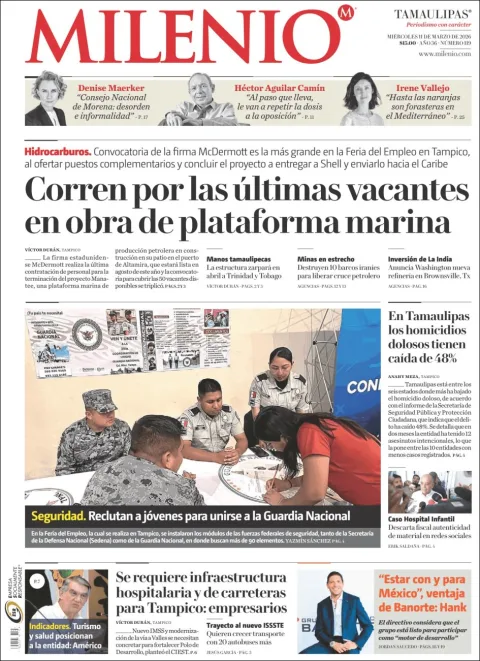 Portada de Milenio Tamaulipas del miércoles, 11 de marzo de 2026