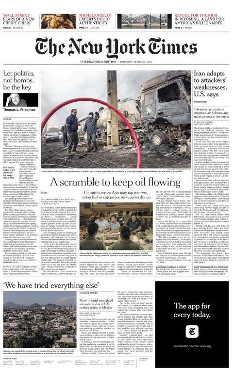 Portada de The New York Times (international) del jueves, 12 de marzo de 2026