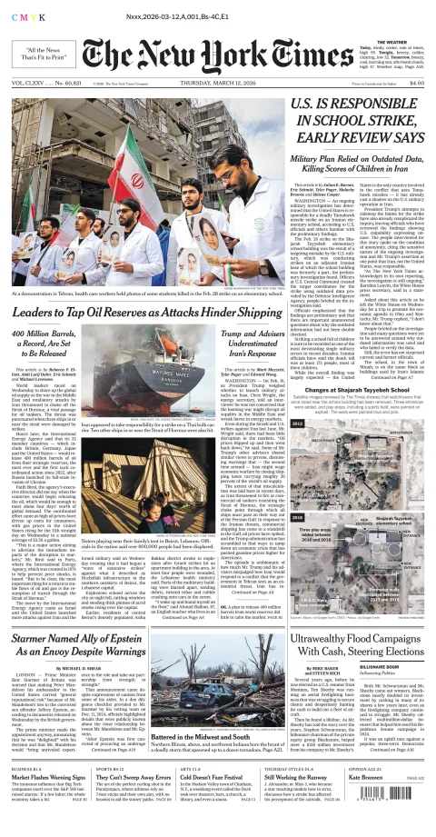 Portada de The New York Times (new York) del jueves, 12 de marzo de 2026