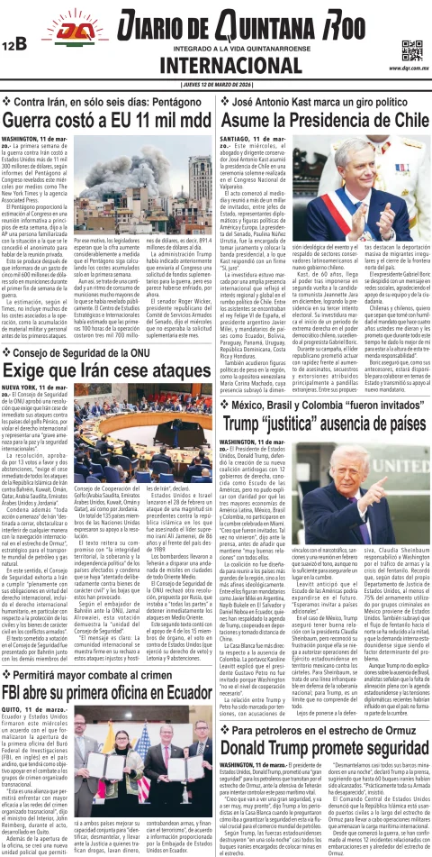Portada de Diario de Quintana Roo (contra Portada) del jueves, 12 de marzo de 2026