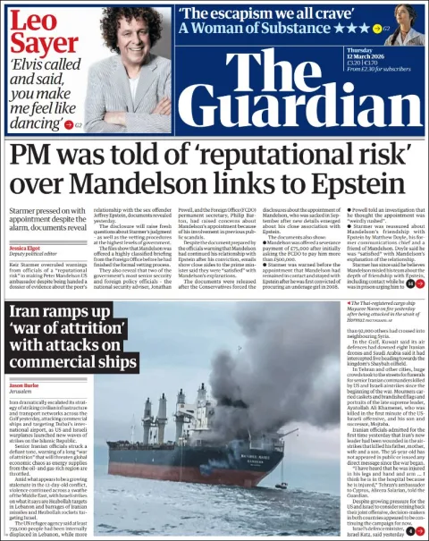 Portada de The Guardian (reino Unido) del jueves, 12 de marzo de 2026