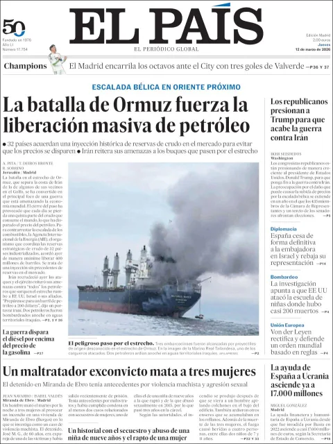 Portada de El Pais del jueves, 12 de marzo de 2026